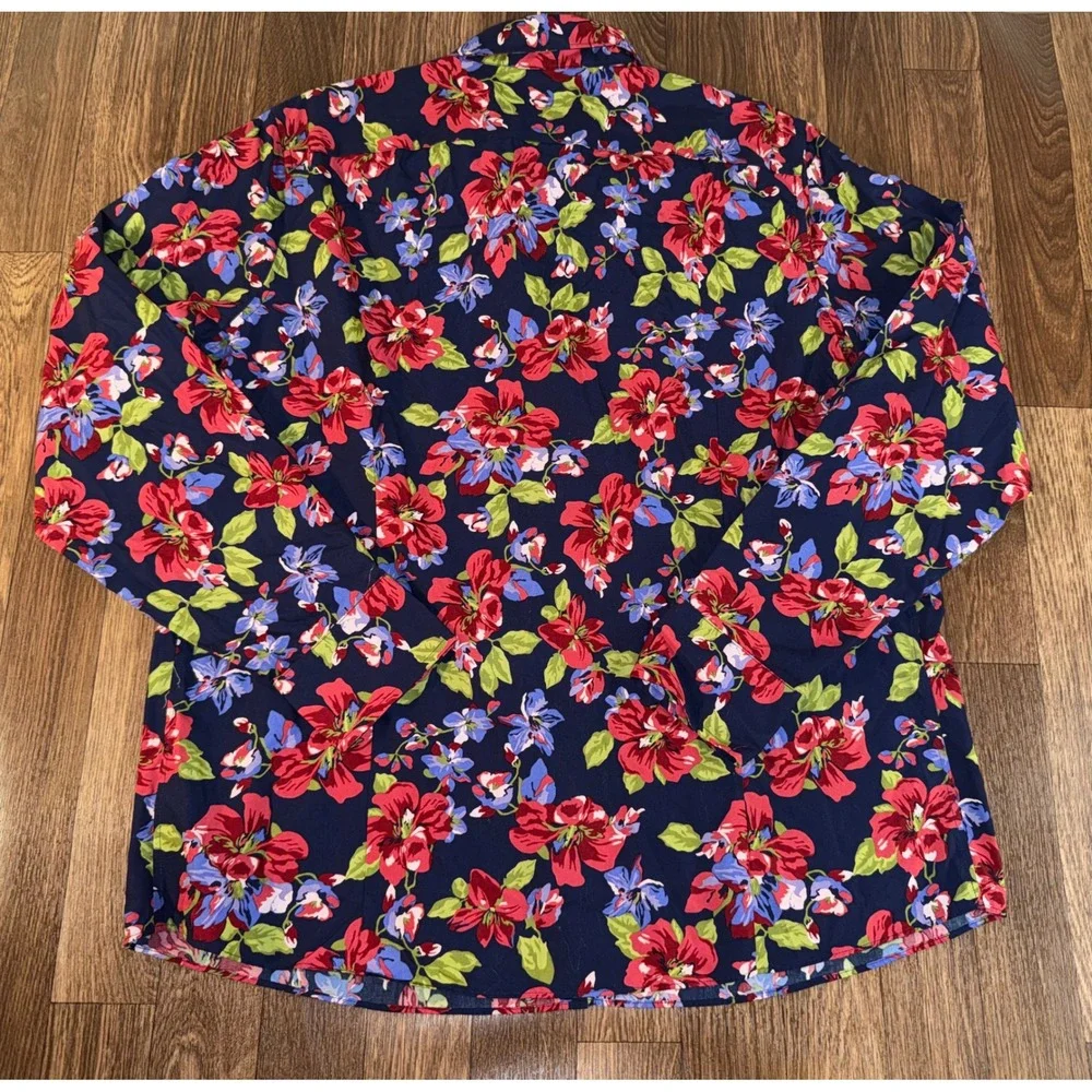 Lands' End Womens 16 Navy Blue Floral No Iron Supima Cotton Button Down Shirt - Picture 3 of 7